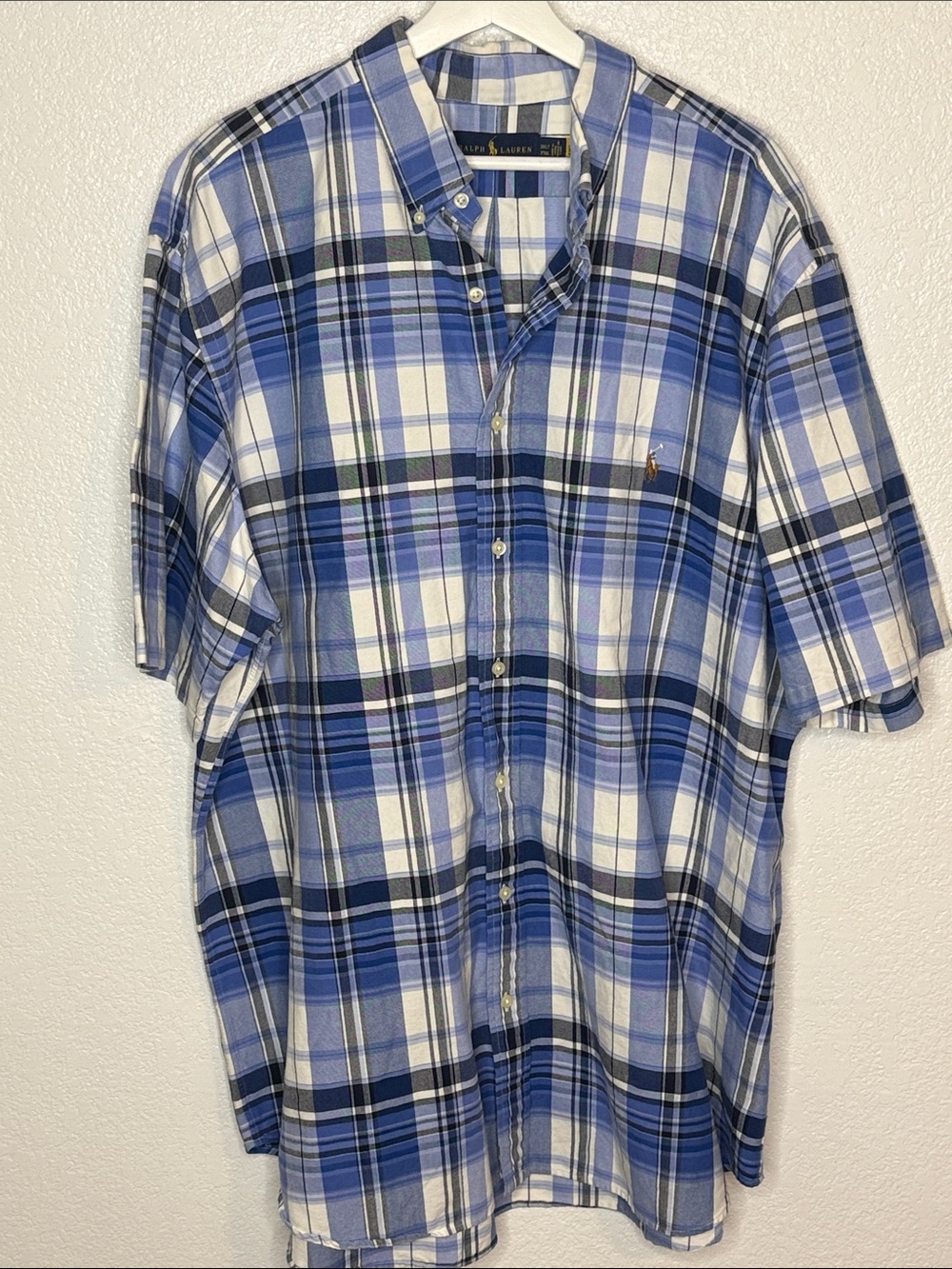 Ralph Lauren Blue Plaid Cotton Short Sleeve Button Down Shirt Size 2XLT